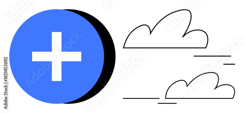 Blue circle with white cross beside simple clouds and lines. Ideal for healthcare, wellness, growth, positivity, innovation, minimalism, simple landing page