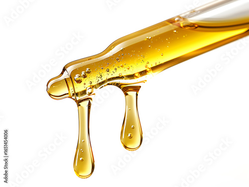 High resolution high clarity image of Golden liquid dripping from pipette for beauty serum or essential oil isolated on transparent background, subtle metallic sheen, studio product photo on a clean w