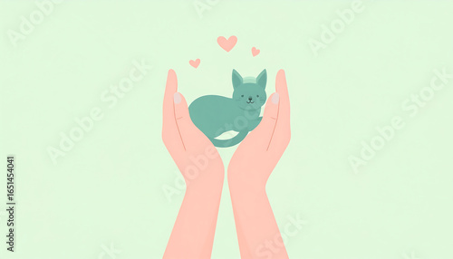 Gentle hands protecting cat illustration