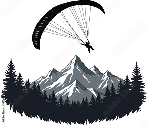 Silhouette of a paraglider flying over mountains with parachute in the sky