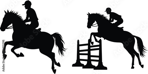 Equestrian show jumping silhouette, horse and rider clearing fence