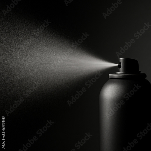 Matte black aerosol can sprays a fine mist on a dark studio background with copy space. Clean, unbranded product photo. Concepts: cosmetic, deodorant, paint, cleaner.