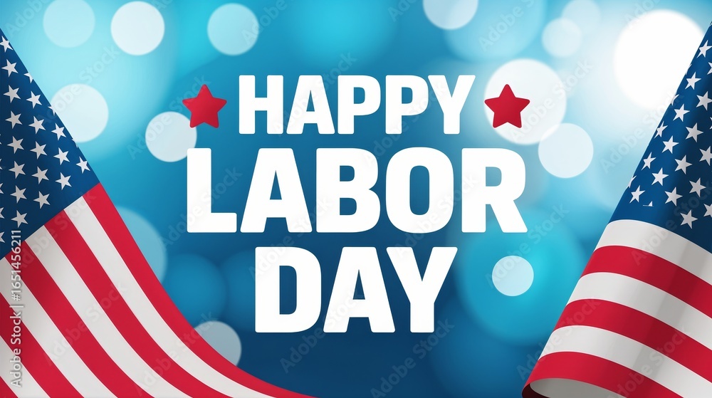 Naklejka premium Celebrate Labor Day with patriotic American flags and festive blue bokeh lights, honoring hard work and national pride.