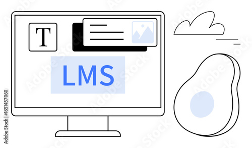 Desktop screen displaying LMS text, editing tools, and visual content icons with abstract elements. Ideal for e-learning, online education, technology, UIUX, digital tools, creative design simple