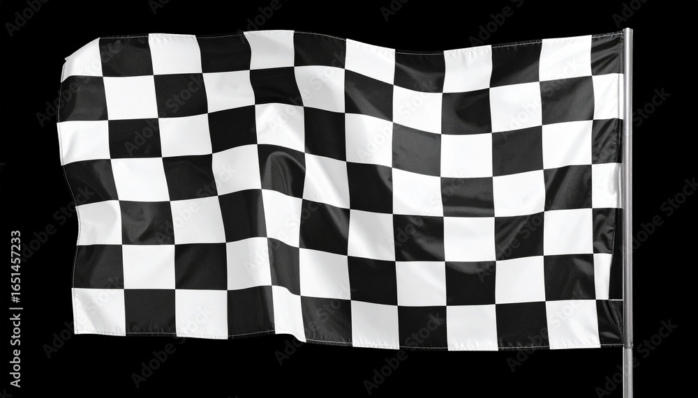 Fototapeta premium Black and white checkered racing flag waving, iconic symbol of motorsports used to signal the end of a race, with alternating squares in a bold grid pattern.