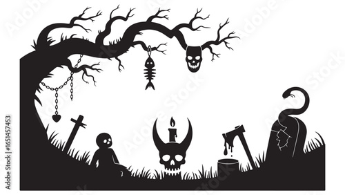 Spooky vector illustration of a halloween pumpkin and bats flying at night in a cartoon landscape with a scary tree silhouette and a full moon