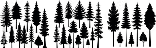 Black Tree Silhouette Set – Eco Badge, Outline, and Pine Trunk Woodland Emblem