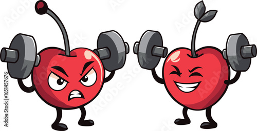Angry cherries facing off with dumbbells between them, fitness rivalry fruit concept