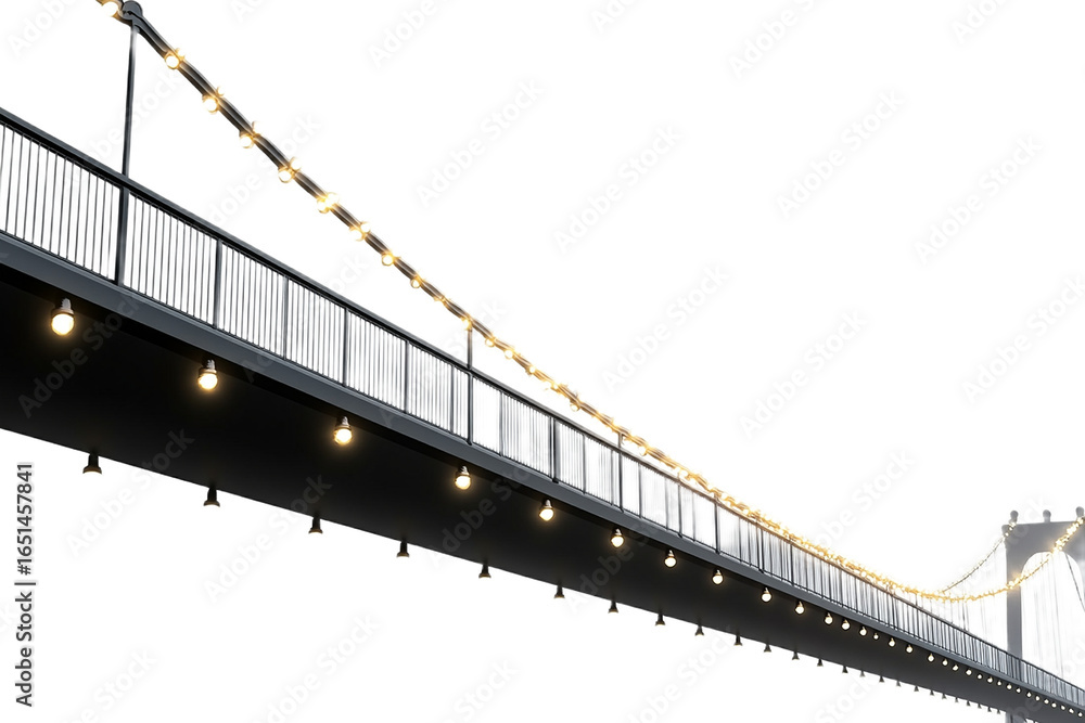 Fototapeta premium Suspension bridge illuminated with light bulbs and string lights on transparent background