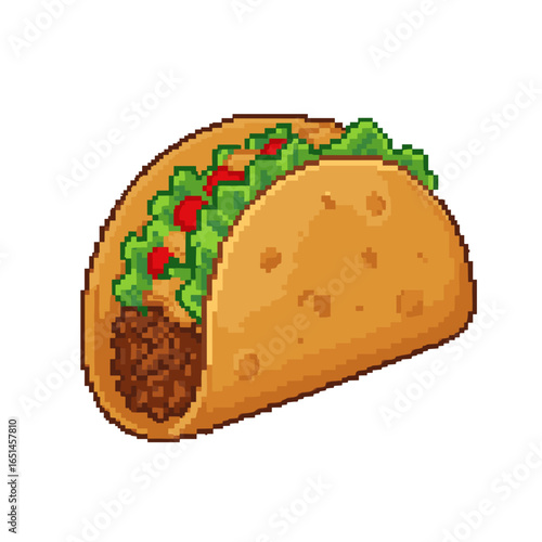Pixel art taco with lettuce, tomato, and beef filling  on a transparent background
