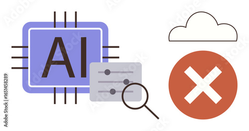 AI chip with settings slider, magnifying glass, cloud outline, and red cancel mark. Ideal for AI, technology issues, analytics, cloud computing, error handling data visualization simple flat