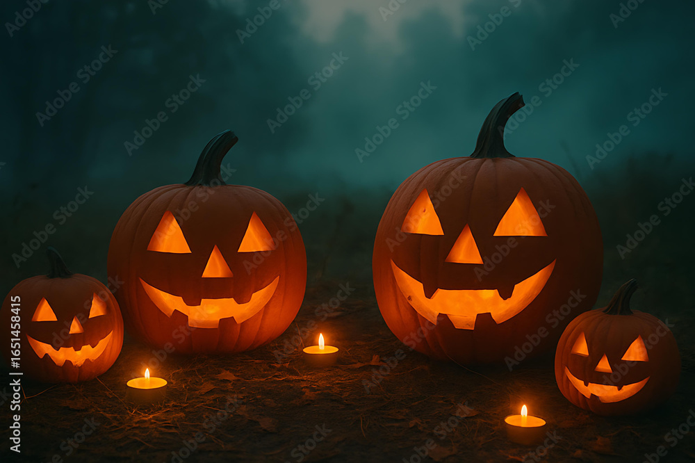 Fototapeta premium Classic Halloween scene with carved pumpkins glowing in darkness