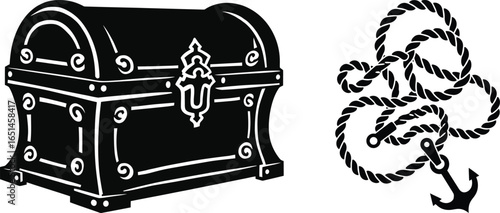 Vintage treasure chest silhouette with ornate latch, pirate loot box icon vector illustration