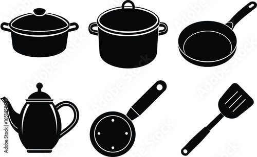 Collection of Kitchenware Silhouettes Featuring Pots Pans Ladle and Teapot