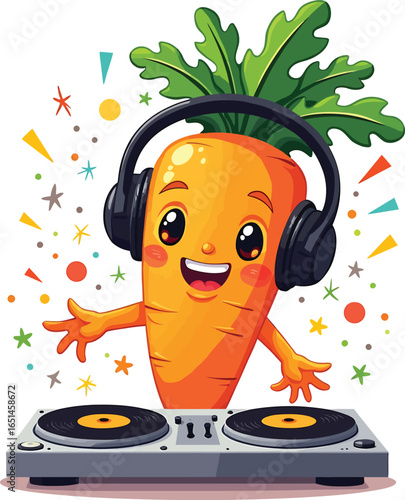 Cute carrot DJ with headphones and vinyl record, party music vegetable character vector illustration