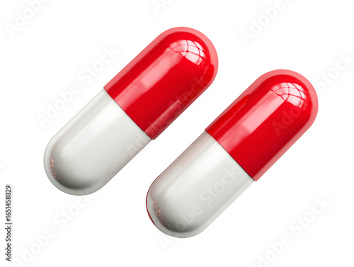 Two red and white capsule pills isolated on transparent background