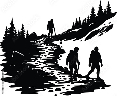 Hikers walking on a rocky mountain trail with pine trees, trekking adventure silhouettes in alpine wilderness vector illustration