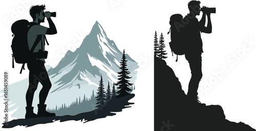 Hikers walking on rocky mountain trail at dusk, outdoor trekking adventure silhouettes vector illustration