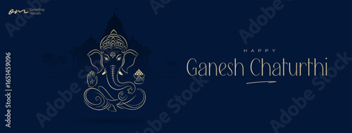 Modern Ganesh Chaturthi greeting card featuring elegant line art of Lord Ganesha with festive typography. Perfect for invitations, posters, and digital festival greetings.