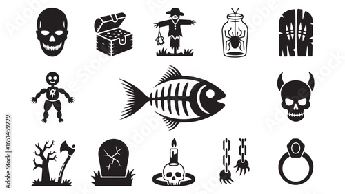 Collection of Spooky Halloween Icons Featuring Skulls Treasure Chests Scarecrows Fish Skeletons Ghosts and Gravestones for Spooky Themed Design Projects