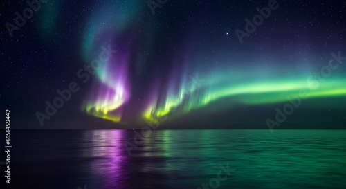 Wallpaper Mural Vibrant aurora borealis lights dance across the night sky, reflecting in the calm ocean waters under a starry expanse Torontodigital.ca