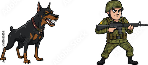 Aggressive Doberman, armed soldier, military vector illustration, camouflage uniform, combat gear, defense, weapon, guard, security