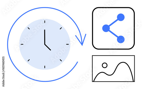 Clock with circular arrow, network node diagram, and image placeholder. Ideal for time management, connectivity, memory preservation, workflow, communication, organization simple landing page