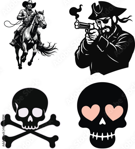Western cowboy on horse outlaw with revolver and skull icons set, black silhouette vector illustration