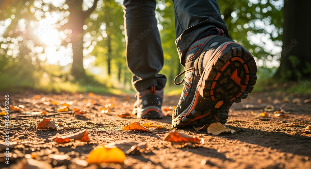 Person walking in the autumn forest with hiking boots Person walking in the autumn forest with hiking boots