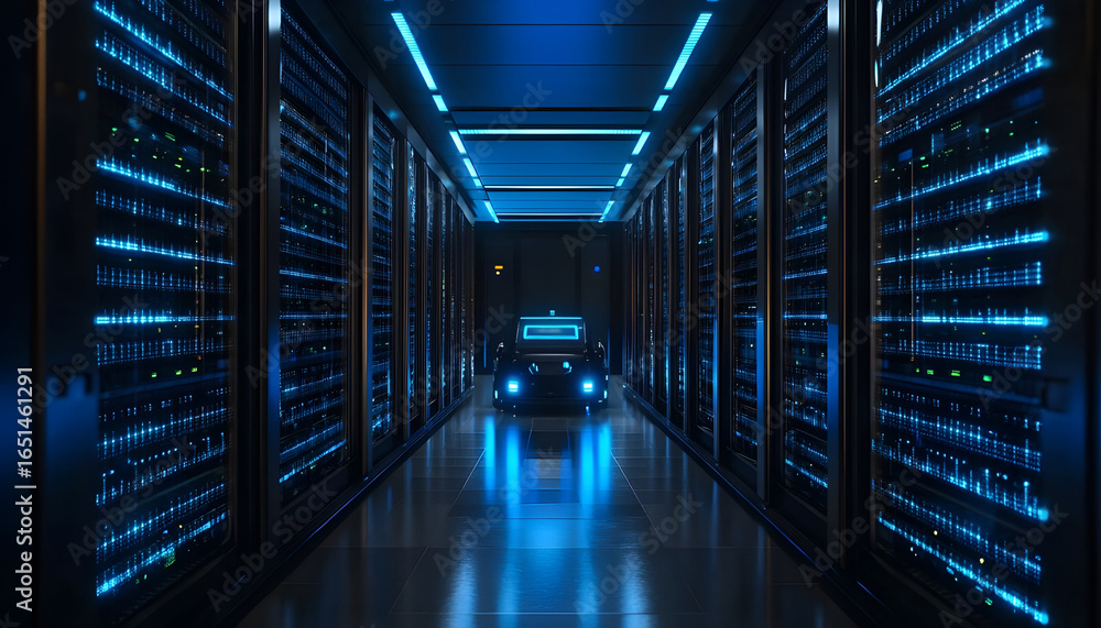 Fototapeta premium Futuristic robotic system navigating a modern data center corridor filled with server racks illuminated by blue LED lights on white background concept