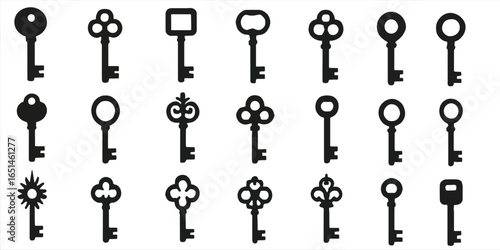 Collection of black key silhouettes, vintage antique keys, classic door key icons set isolated on white background