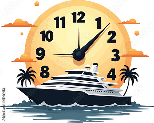 Luxury yacht with big clock at sunset, time to travel ocean cruise concept vector illustration