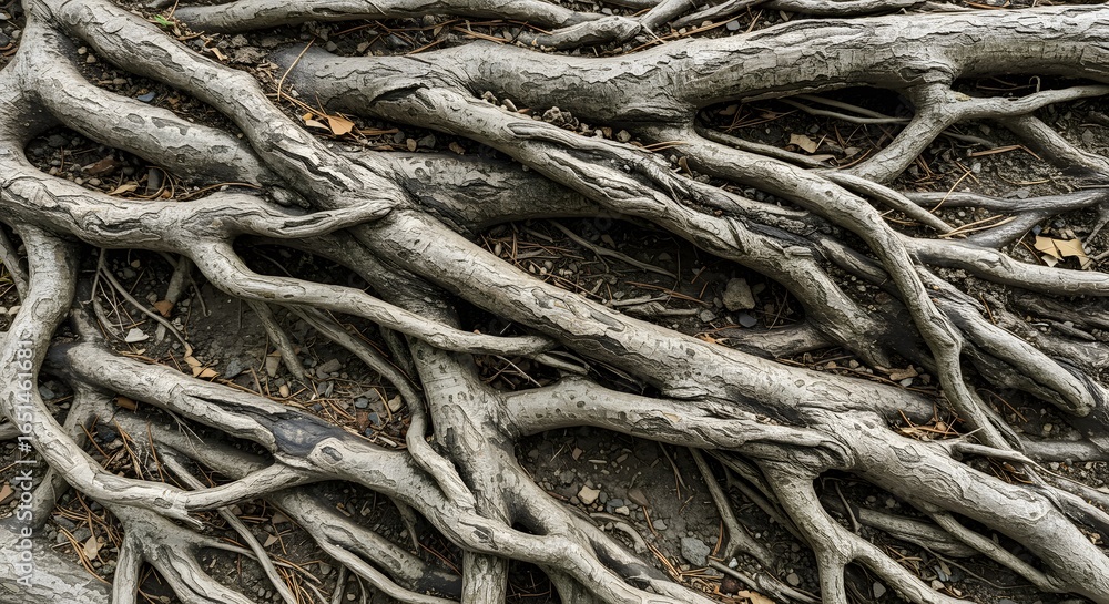 Intricate network of exposed tree roots, showcasing a complex organic pattern and natural texture in the soil Intricate network of exposed tree roots, showcasing a complex organic pattern and natural texture in the soil