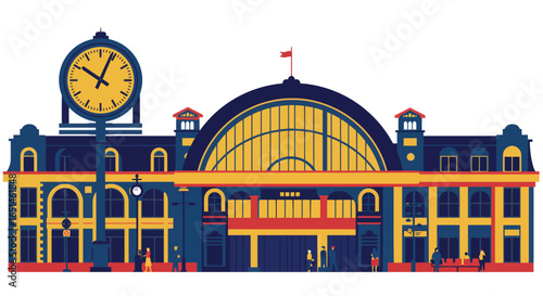 Stylized vector illustration of a vibrant train station exterior with clock
