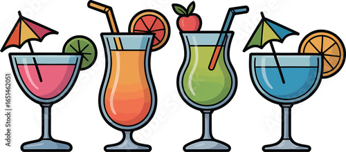 Tropical cocktails in tall glasses with fruit slices and straws, summer beach bar drink vector illustration