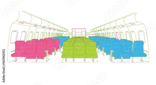 Stylized colorful vector illustration showcasing airplane interior seating arrangement