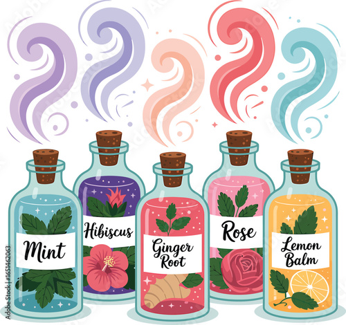 Hand drawn herbal potion bottles with labels mint hibiscus ginger rose lemon balm, apothecary vector illustration