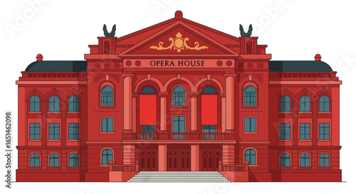 Stylized flat vector illustration of a vibrant red opera house facade