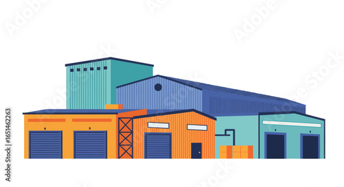 Stylized Flat Vector Illustration of a Vibrant Storage Warehouse Complex