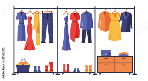 Stylized flat vector illustration of a vibrant walk-in closet with hanging clothes