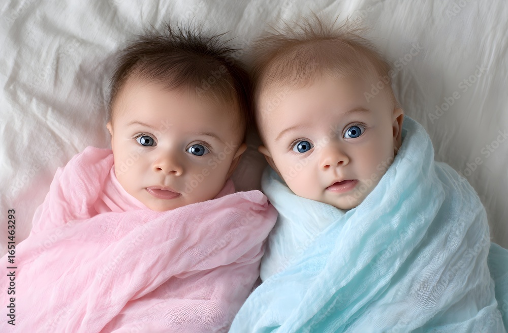 Adorable two babies wrapped in pastel pink and blue blankets, lying side by side on a soft white bed, gazing with wide blue eyes. Perfect concept for family, love, and infancy themes. Adorable two babies wrapped in pastel pink and blue blankets, lying side by side on a soft white bed, gazing with wide blue eyes. Perfect concept for family, love, and infancy themes.