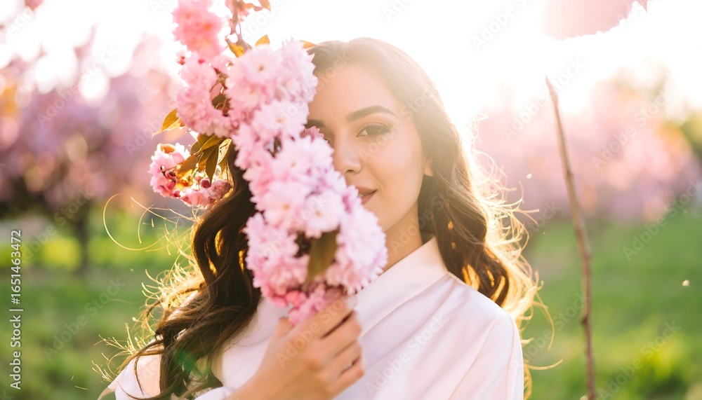 Fototapeta premium Woman adorned with cherry blossoms in a spring garden.