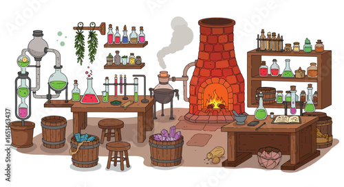 Whimsical alchemist's laboratory illustration with bubbling potions and ancient tools