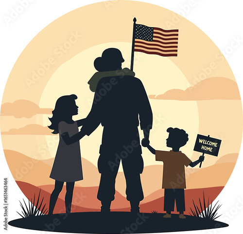 Military parent with kids at sunset holding American flag homecoming family silhouette vector illustration