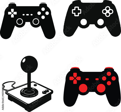 Game controllers icon set in black silhouette, flat vector collection for gaming console and esports user interface