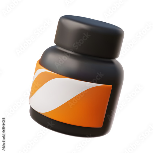 Multi vitamin food supplement package mockup 3D cartoon vector icon, realistic black medicine plastic bottle with lid