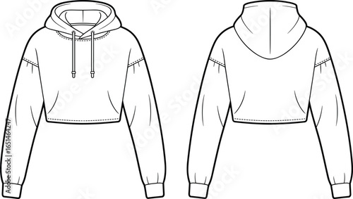 cropped hoodie front and back view, technical cad drawing flat vector illustration, fashion garment construction, drawstring hood, long sleeves, cropped length, apparel design