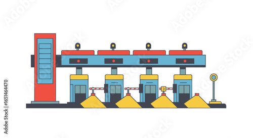 Stylized flat vector illustration of a vibrant toll gate station building