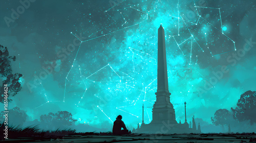 A traveler kneels before a radiant obelisk projecting constellations into cyan mist, digital art style, illustration painting