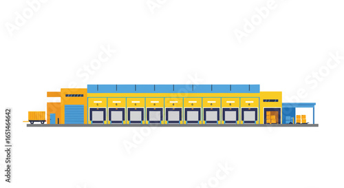 Stylized flat vector illustration depicting a bright distribution warehouse facility